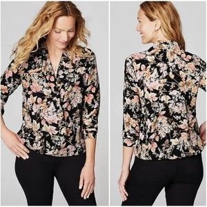 J. Jill Dark Floral Long Sleeve Blouse Faux Wrap Top Black Pink Size Small
